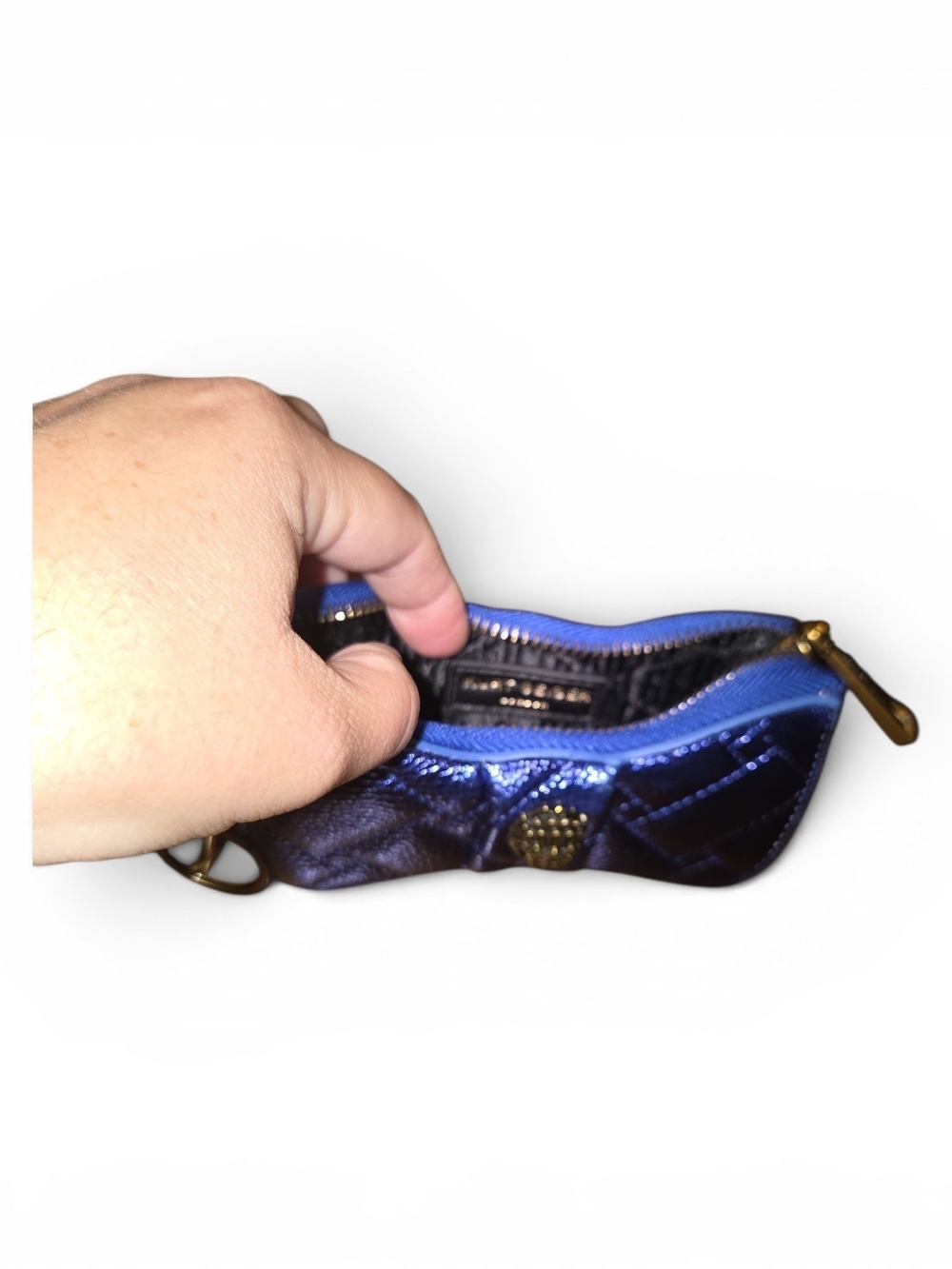 Kurt Geiger Metallic Blue Bow Keychain Pouch with Gold Accent - Picture 2 of 5